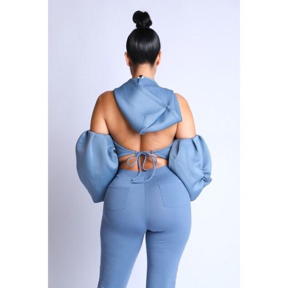 Women's Cold Shoulder Puff Sleeve Crop Top With Hoodie And Matching Pants Set - Picture 3 of 4
